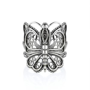 Filigree Art Crown Butterfly Design Women Silver Cocktail Ring